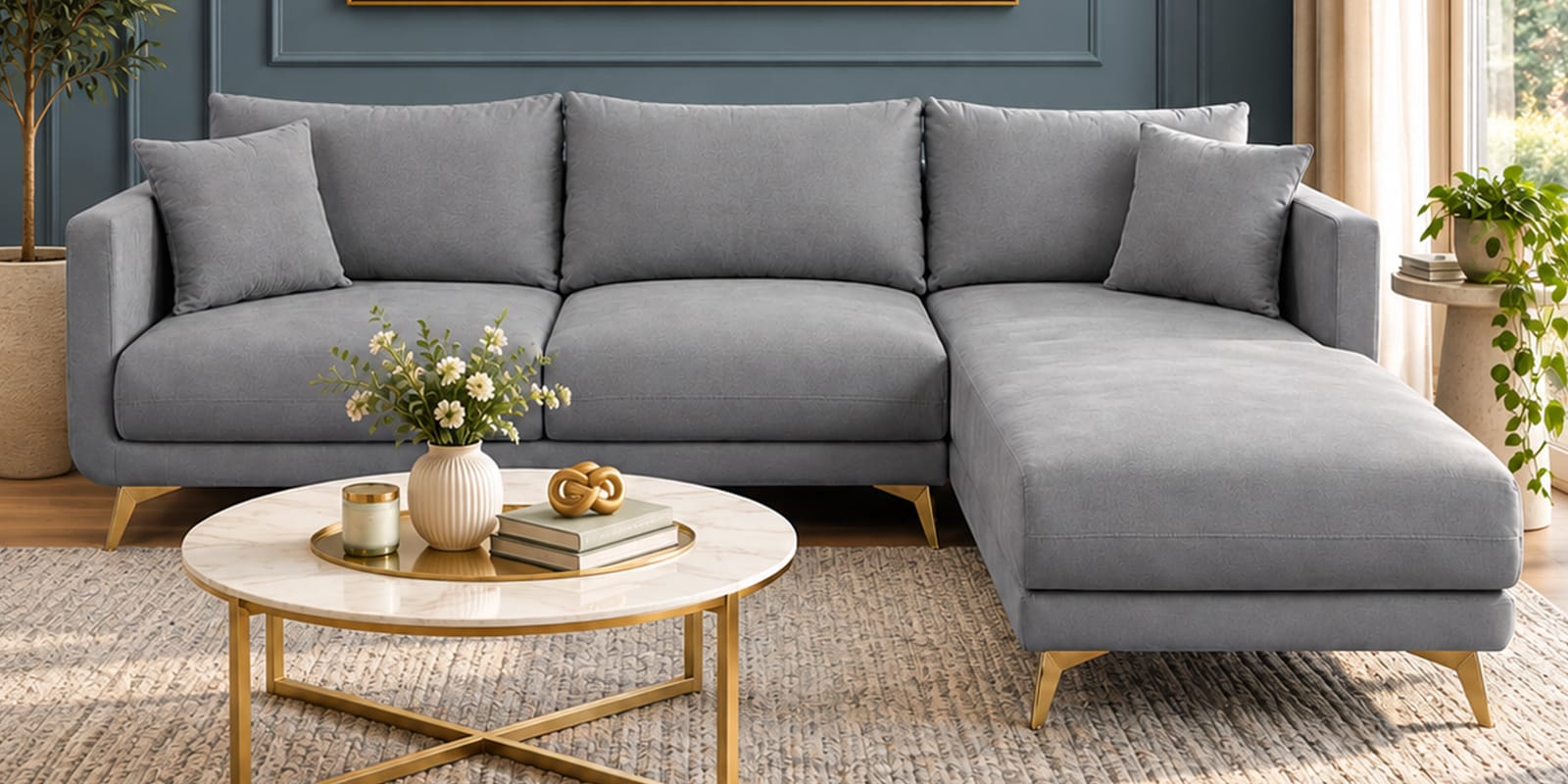 Frejol Velvet RHS Sectional Sofa (2 + Lounger) In Grey Colour