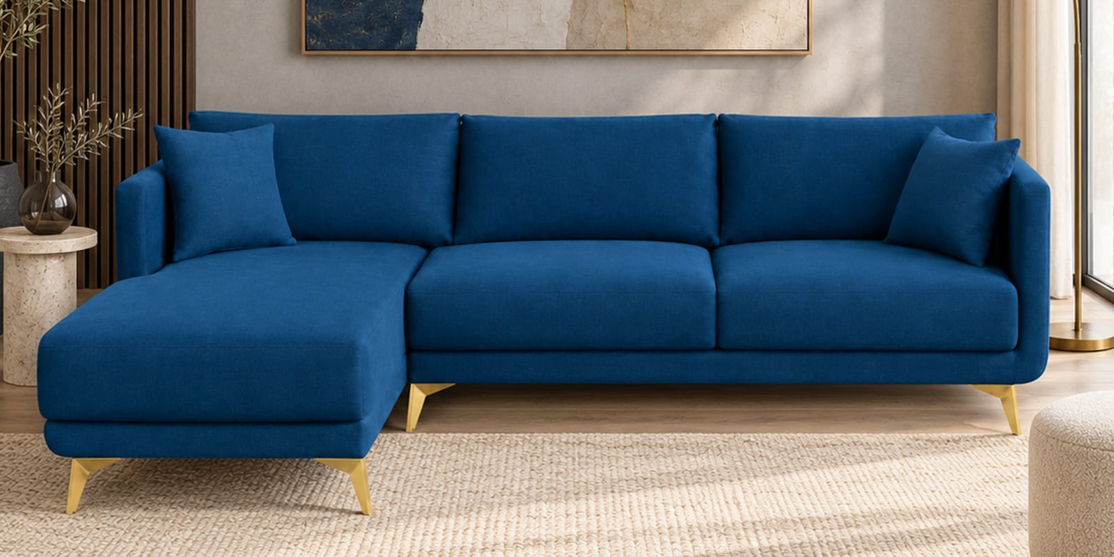 Frejol Velvet RHS Sectional Sofa In Navy Blue Colour