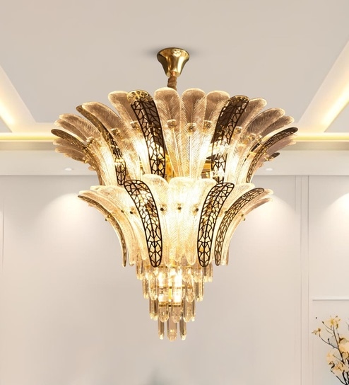 Francies Smart LED Chandelier | Crystal Feather Tiered Design | App Control & Voice Assist | Alexa & Google Compatible | 3 Color Modes | Gold Aluminium for Living Room, Bedroom & Dining
