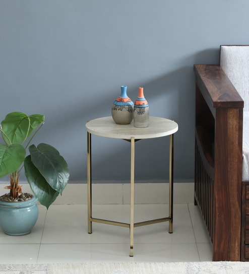 Franz Metallic End Table With Golden Base & Travertine Top