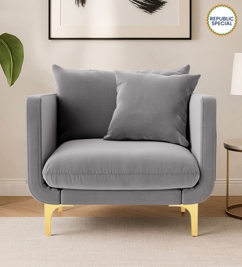 Frejol Velvet 1 Seater Sofa In Grey Colour