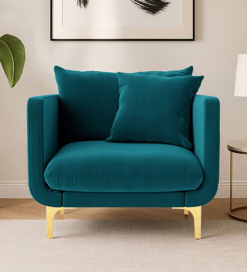 Frejol Velvet 1 Seater Sofa In Teal Blue Colour