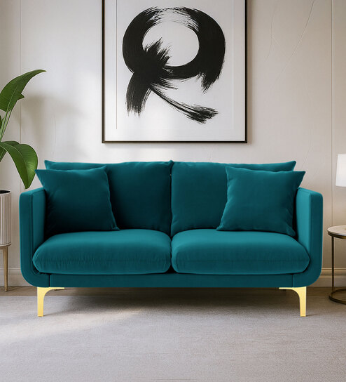 Frejol Velvet 2 Seater Sofa In Teal Blue Colour