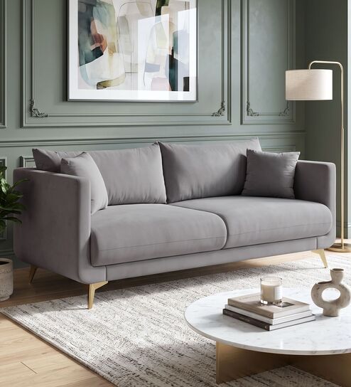 Frejol Velvet 3 Seater Sofa In Grey Colour