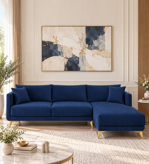 Frejol Velvet LHS Sectional Sofa (2 + Lounger) In Navy Blue Colour