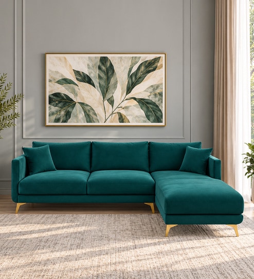 Frejol Velvet LHS Sectional Sofa (2 + Lounger) In Teal Blue Colour