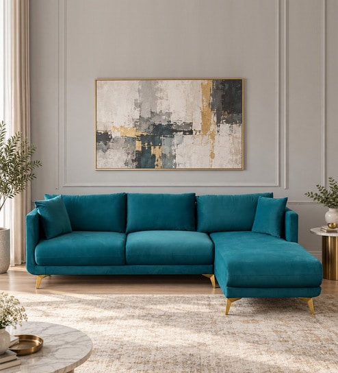Frejol Velvet LHS Sectional Sofa In Teal Blue Colour