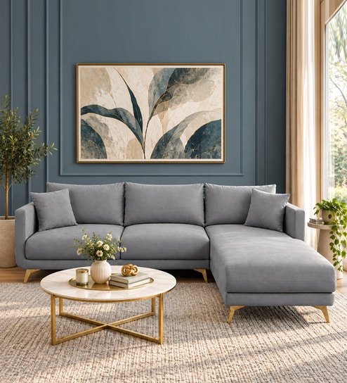 Frejol Velvet LHS Sectional Sofa (2 + Lounger) In Grey Colour