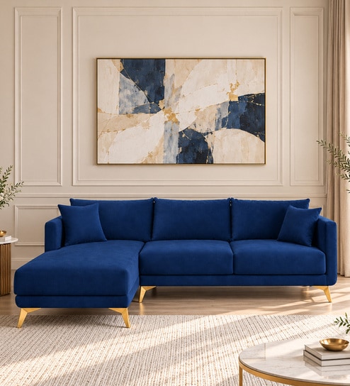 Frejol Velvet RHS Sectional Sofa (2 + Lounger) In Navy Blue Colour