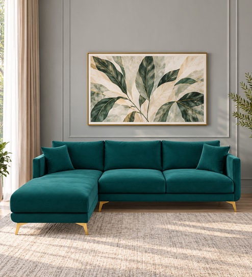 Frejol Velvet RHS Sectional Sofa (2 + Lounger) In Teal Blue Colour