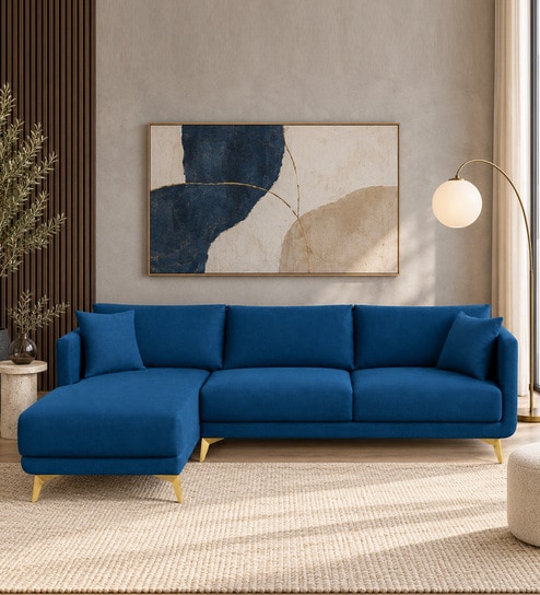 Frejol Velvet RHS Sectional Sofa In Navy Blue Colour
