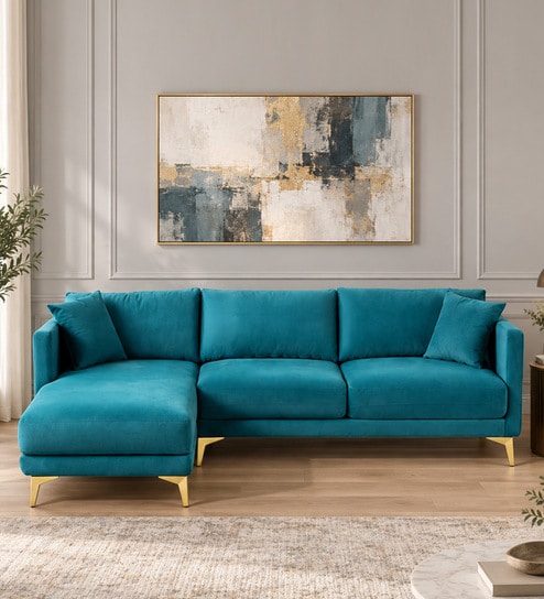 Frejol Velvet RHS Sectional Sofa In Teal Blue Colour