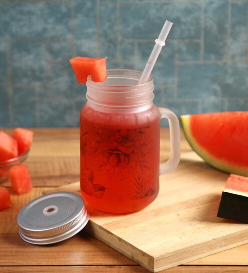 Frosted Glass Jar With Handle & Straw, Beige & Blue Floral Print, 400Ml