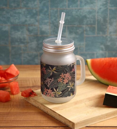 Frosted Glass Jar With Handle & Straw, Black & Green Floral Print, 400Ml