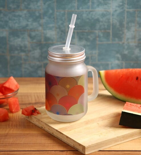 Frosted Glass Jar With Handle & Straw, Multicolor Shell Print, 400Ml