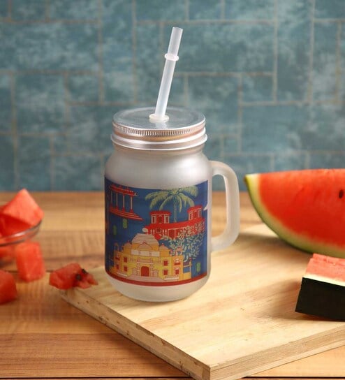 Frosted Glass Jar With Handle & Straw, Navy Blue & House Print, 400Ml