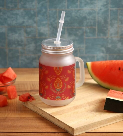 Frosted Glass Jar With Handle & Straw, Red & Orange Mehendi Print, 400Ml