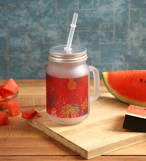 Frosted Glass Jar With Handle & Straw, Red Floral Print, 400Ml