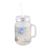 Frosted Glass Jar With Handle & Straw, Beige & Blue Floral Print, 400Ml