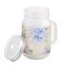 Frosted Glass Jar With Handle & Straw, Beige & Blue Floral Print, 400Ml