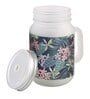 Frosted Glass Jar With Handle & Straw, Black & Green Floral Print, 400Ml