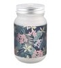 Frosted Glass Jar With Handle & Straw, Black & Green Floral Print, 400Ml