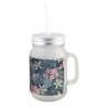 Frosted Glass Jar With Handle & Straw, Black & Green Floral Print, 400Ml