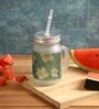 Frosted Glass Jar With Handle & Straw, Green & White Mogra Print, 400Ml