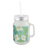 Frosted Glass Jar With Handle & Straw, Green & White Mogra Print, 400Ml