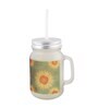 Frosted Glass Jar With Handle & Straw, Green & Yellow Sunflower Print, 400Ml