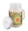 Frosted Glass Jar With Handle & Straw, Green & Yellow Sunflower Print, 400Ml