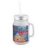 Frosted Glass Jar With Handle & Straw, Navy Blue & House Print, 400Ml