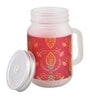 Frosted Glass Jar With Handle & Straw, Red & Orange Mehendi Print, 400Ml