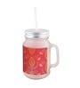Frosted Glass Jar With Handle & Straw, Red & Orange Mehendi Print, 400Ml