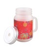 Frosted Glass Jar With Handle & Straw, Red Floral Print, 400Ml