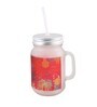 Frosted Glass Jar With Handle & Straw, Red Floral Print, 400Ml