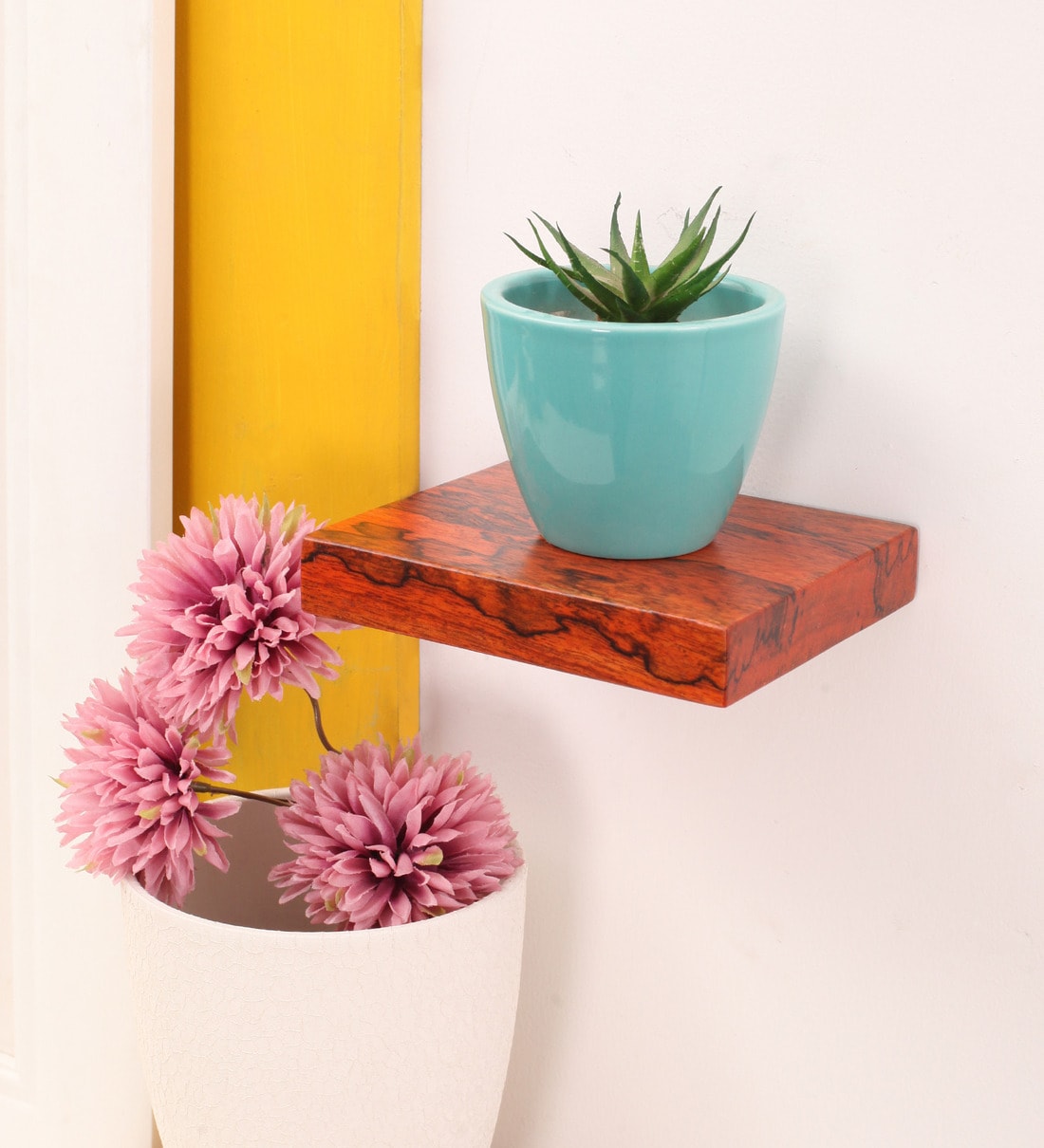 Buy Solid Wood Floating Wall Shelf in Orange Colour by Furnicheer