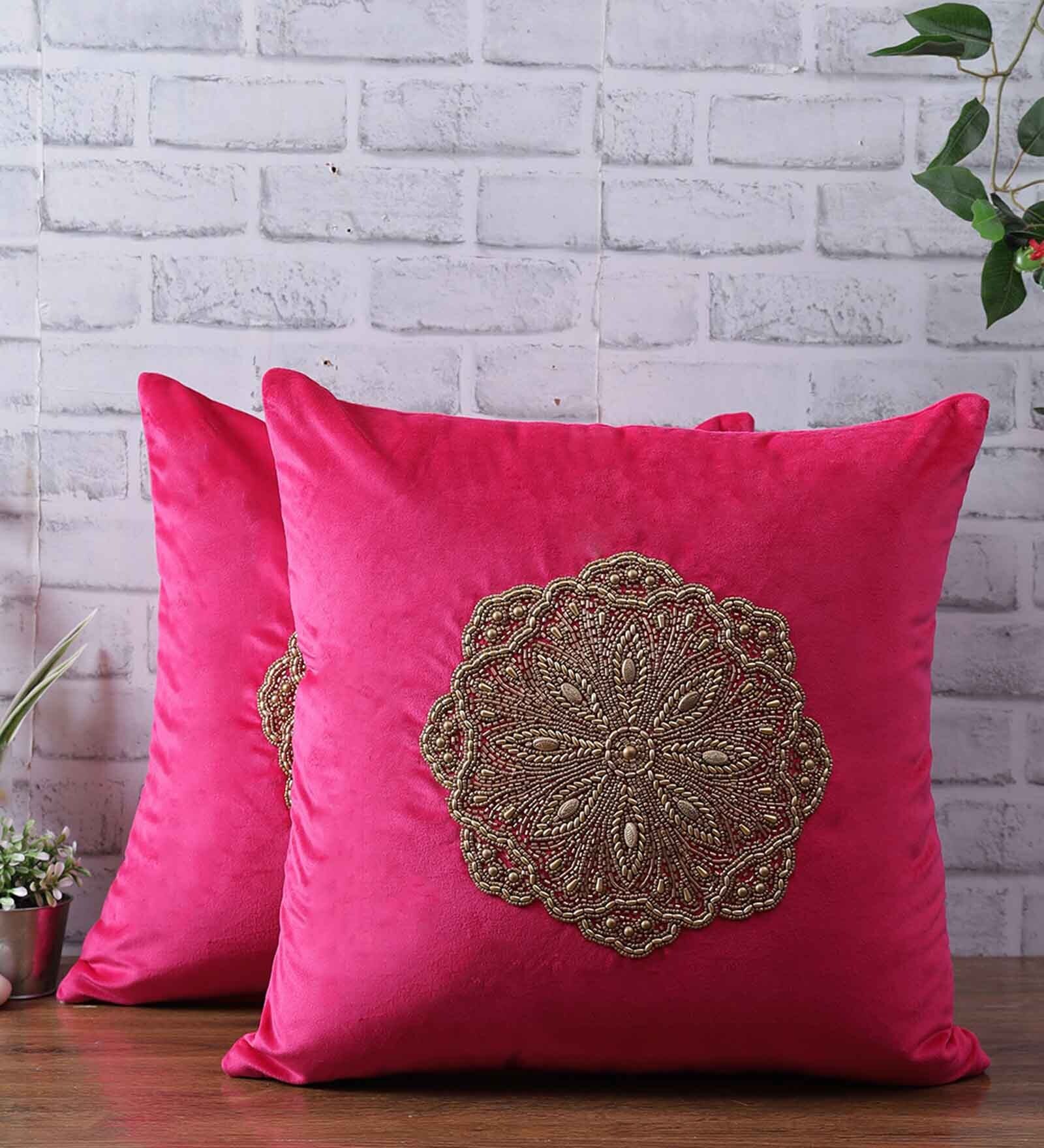 Buy Fuchsia Velvet Textured 18x18 inches Cushion Covers (Pack of 2) by