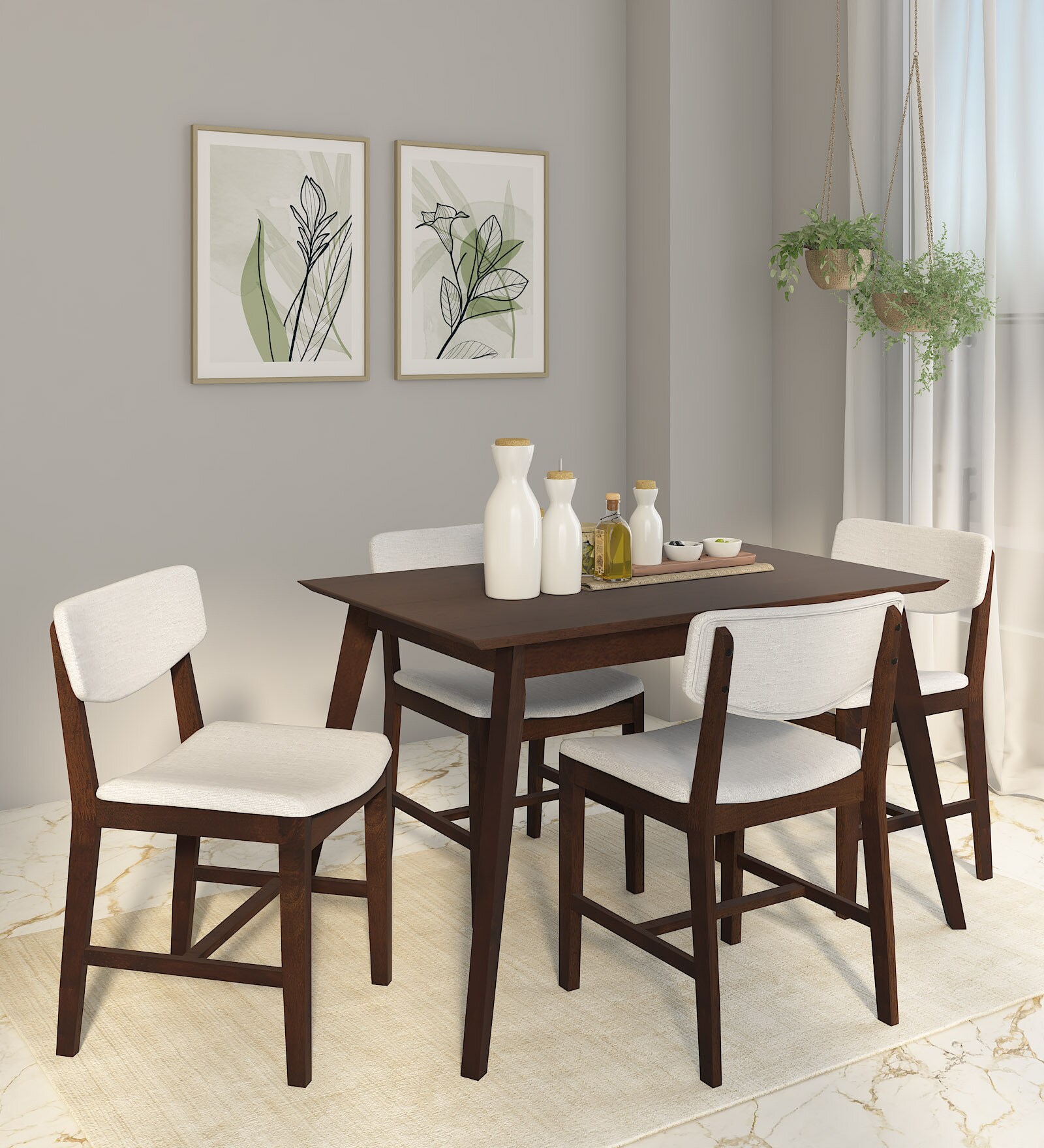 Fumio Solid Wood 4 Seater Dining Set In Walnut & Beige Finish
