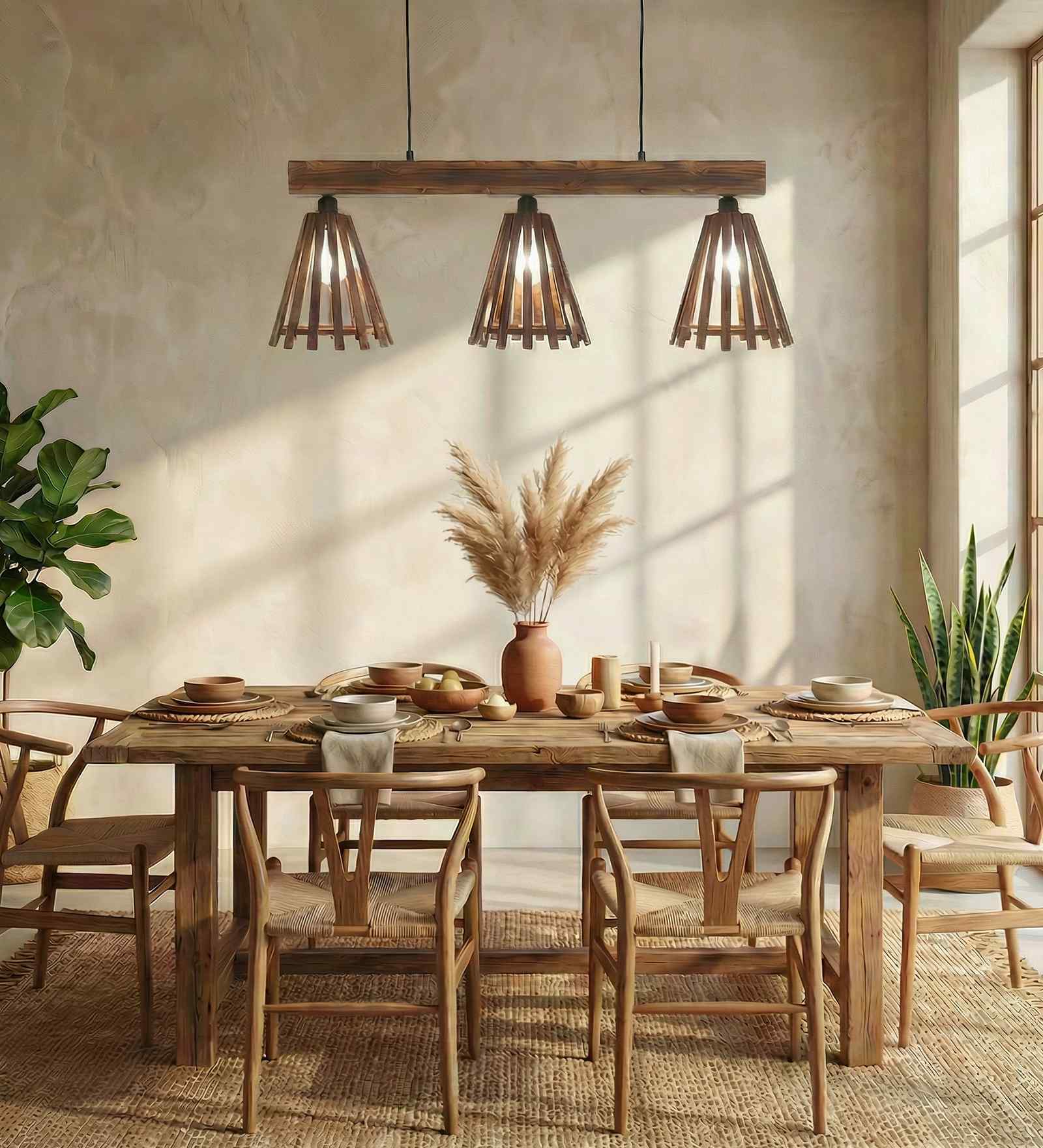 Funnel 3 Lights Brown Solid Wood Linear Chandelier Cluster Hanging Light