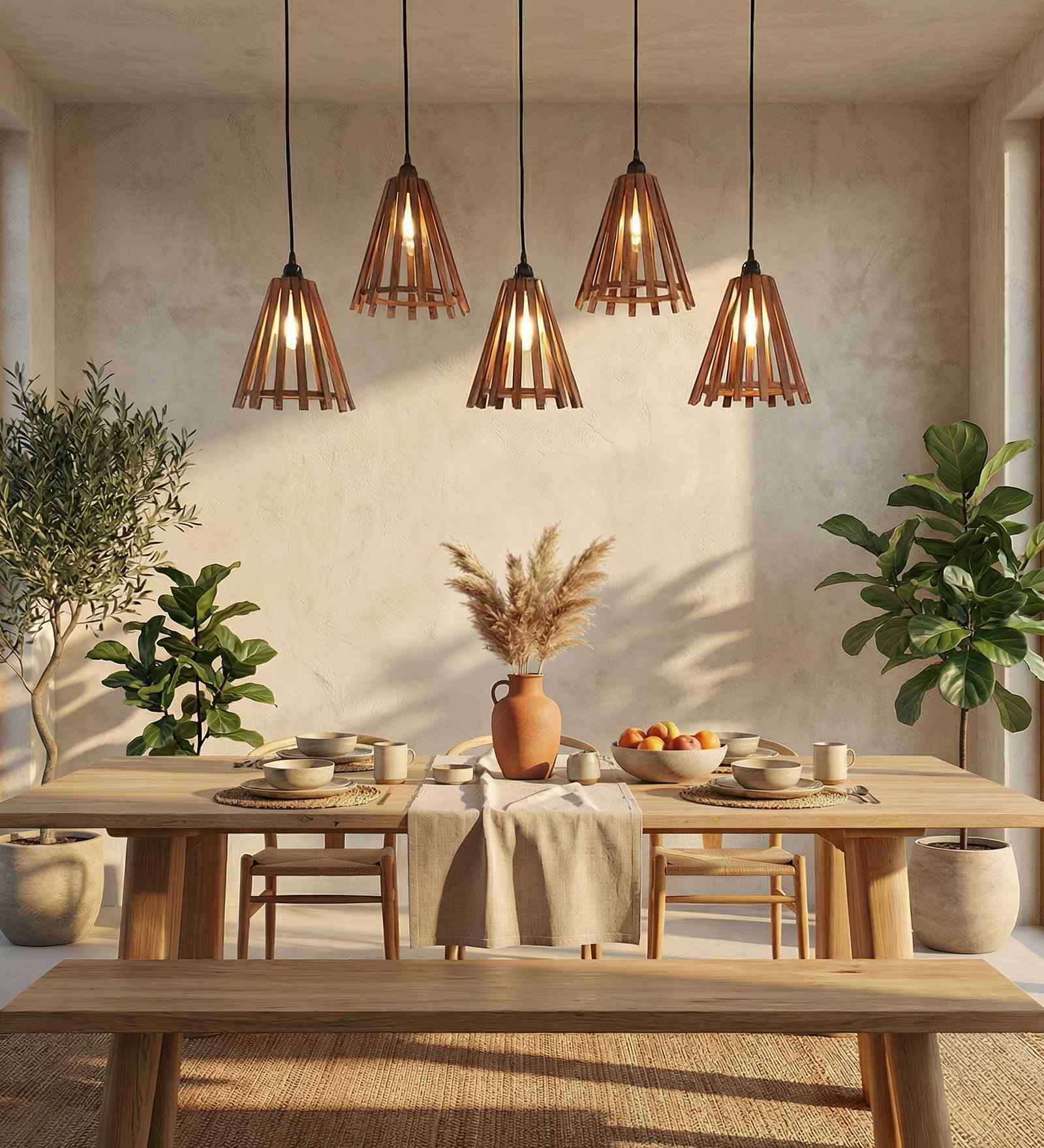 Funnel 5 Lights Brown Solid Wood Linear Chandelier Cluster Hanging Light