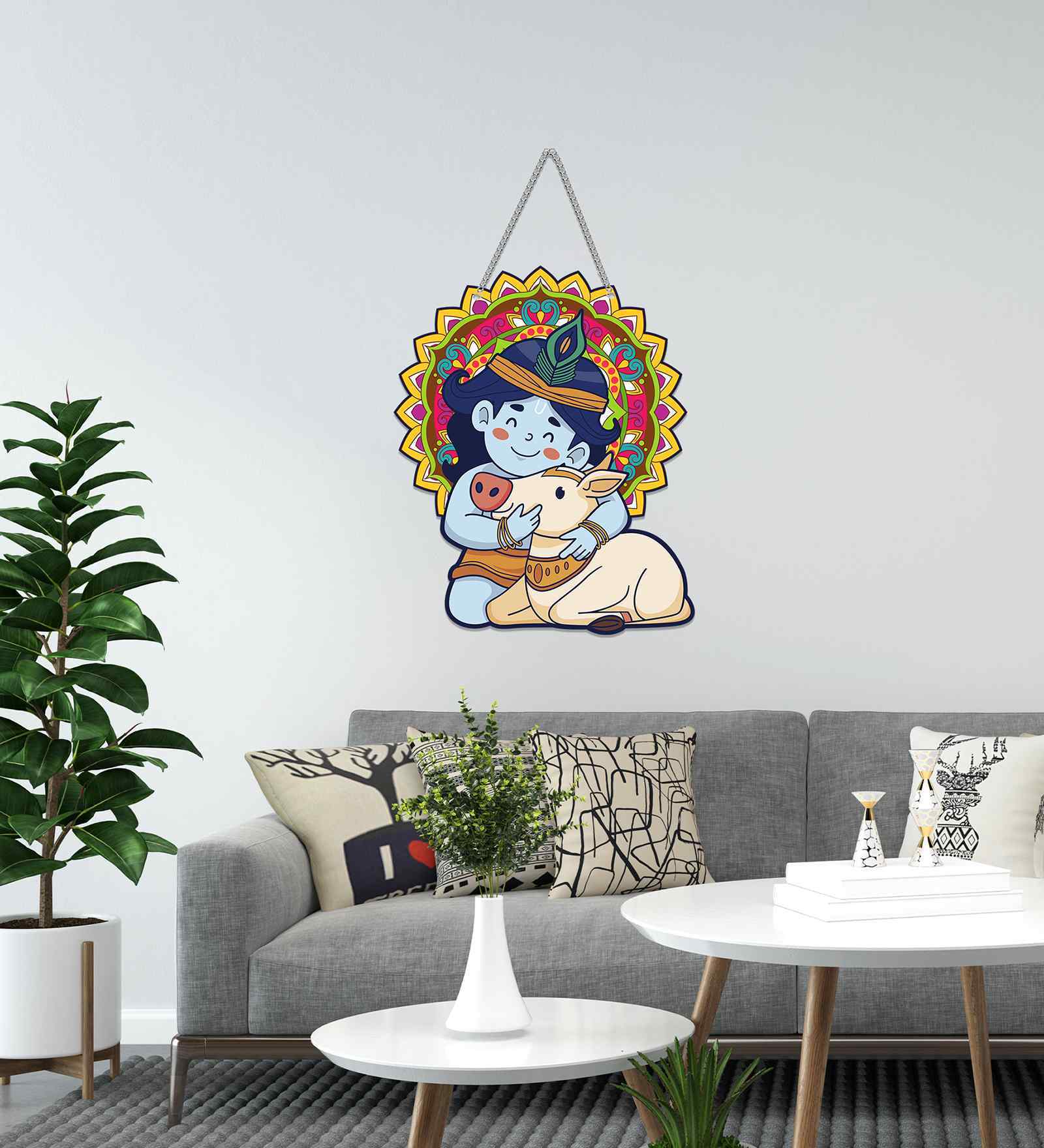 Krishna With Cow Wooden Wall Hanging