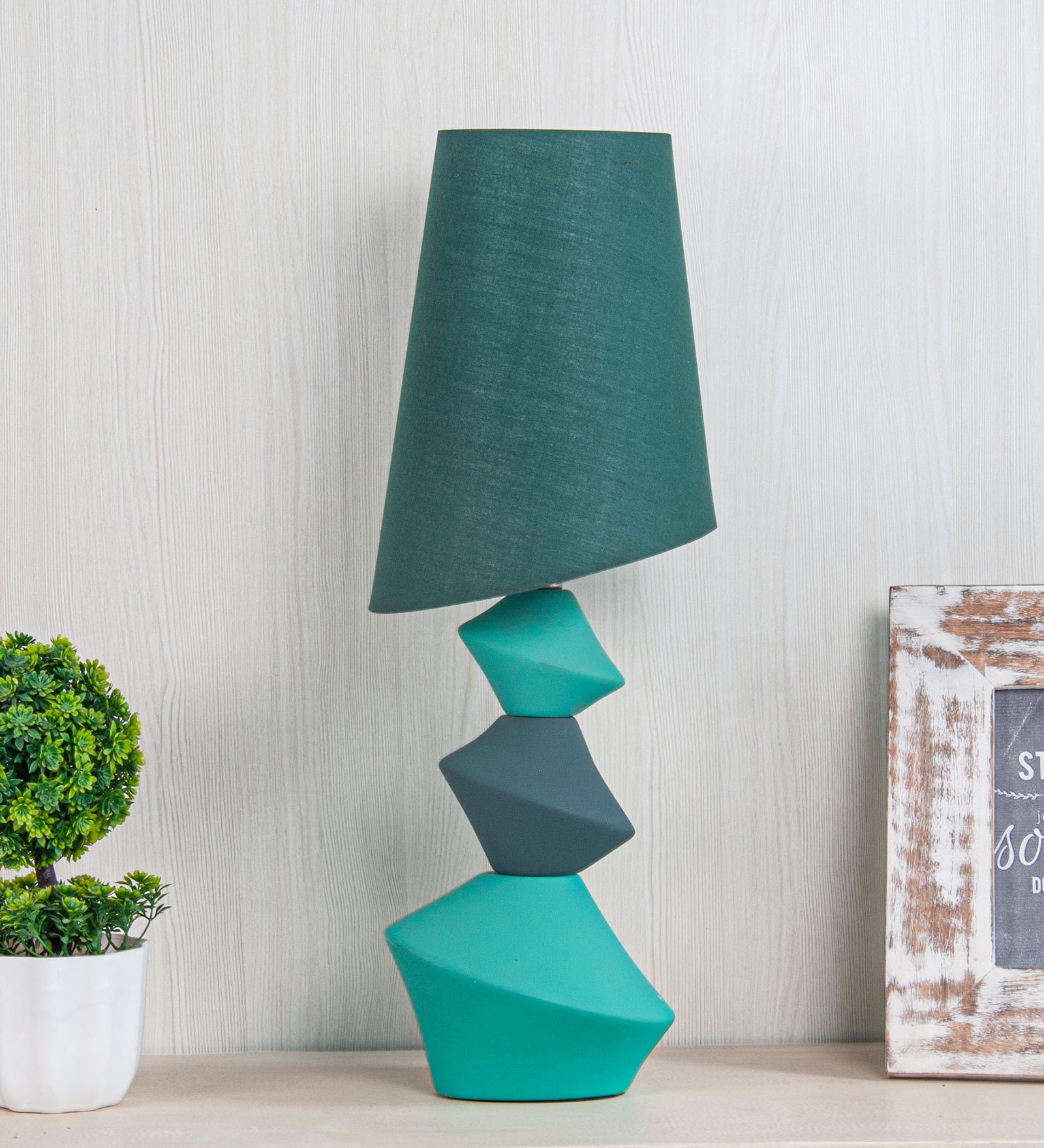 Funon Turqoise Green Cotton Shade Table Lamp with Grey & Green Base