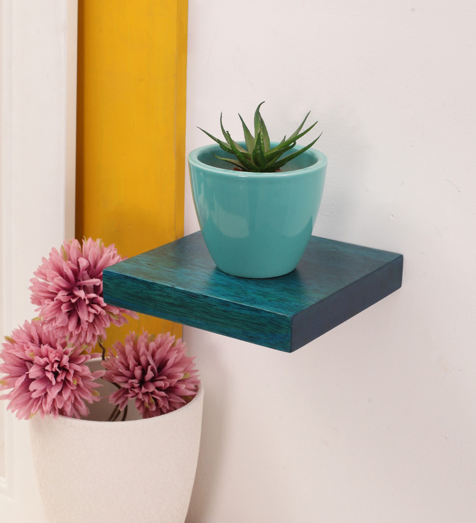 Solid Wood Floating Wall Shelf in Turquoise Colour