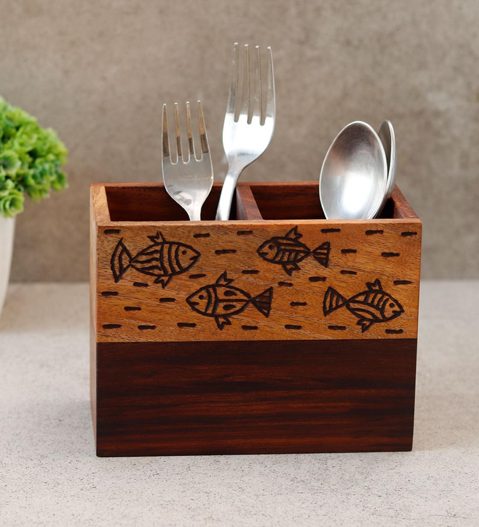 Fusion Fish Motif Brown Sheesham Wood  Cuttlery Holder