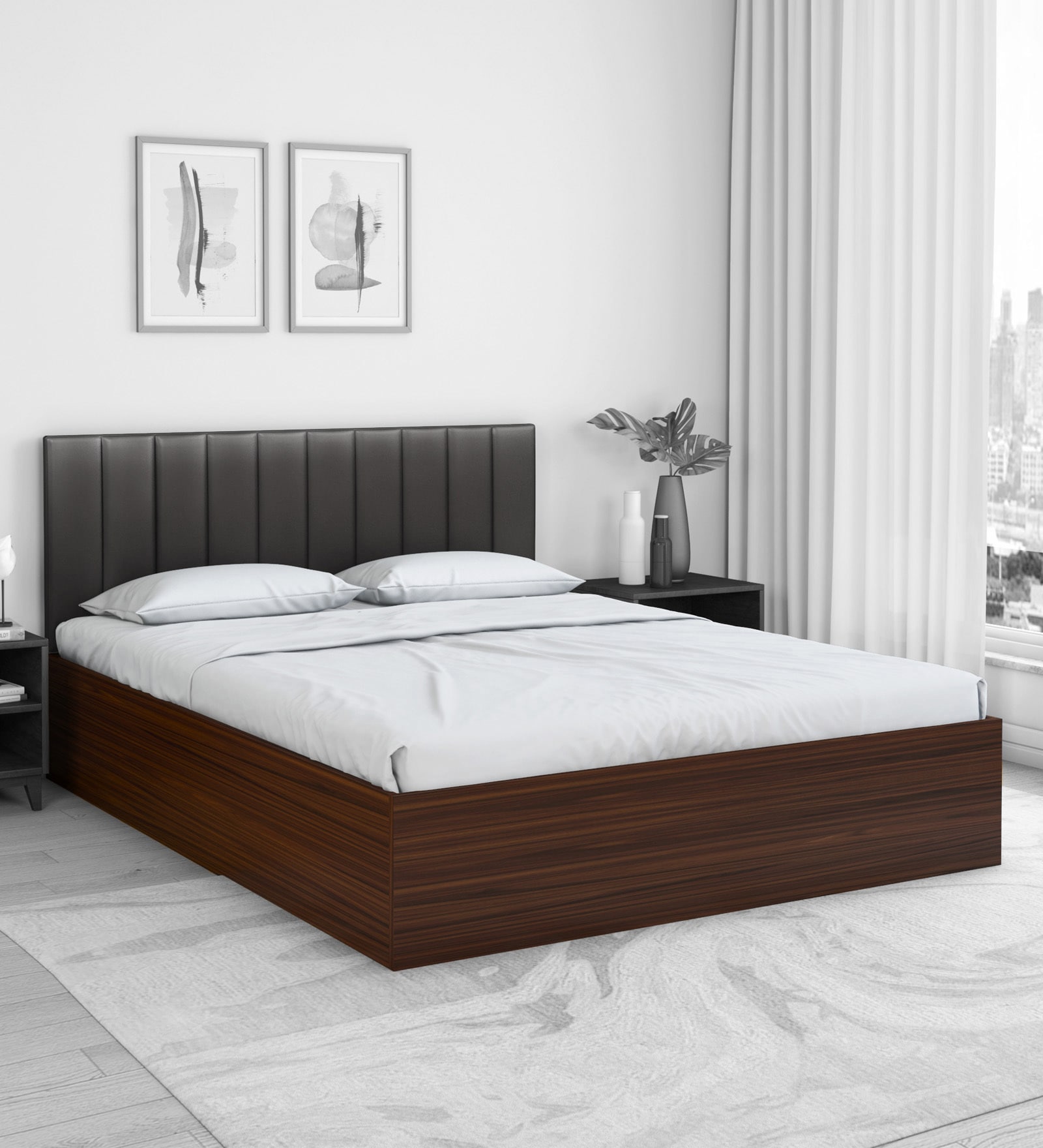 Buy Fusion Queen Size Bed in Grey & Walnut Finish with Box Storage