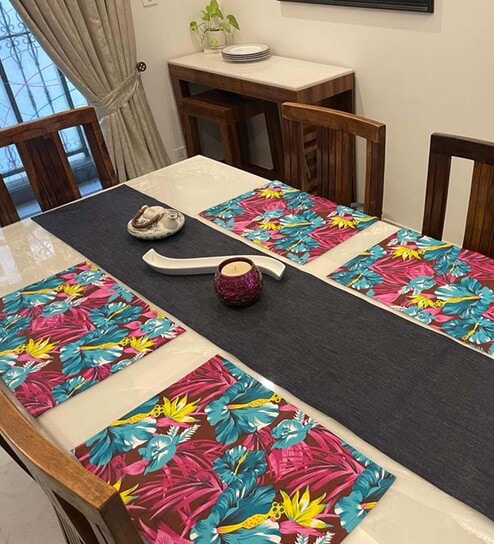 Fuchsia (12x18) Fuchsia Pink & Blue Cotton (Set of 6) Placemat