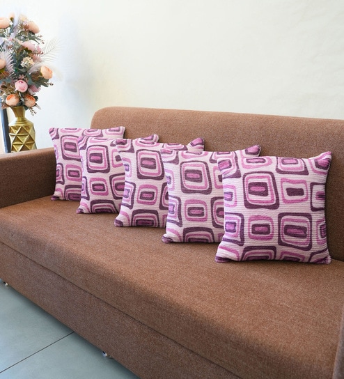 Fuchsia Polyester Geometric 16x16 inches Cushion Covers Set of 5