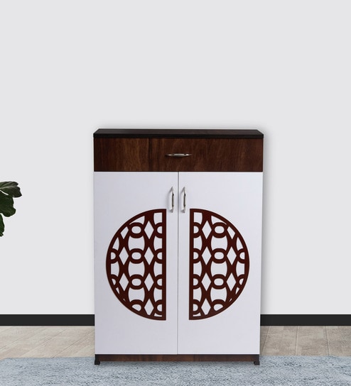 Full Shoe Cabinet in Brown Teak & White Finish