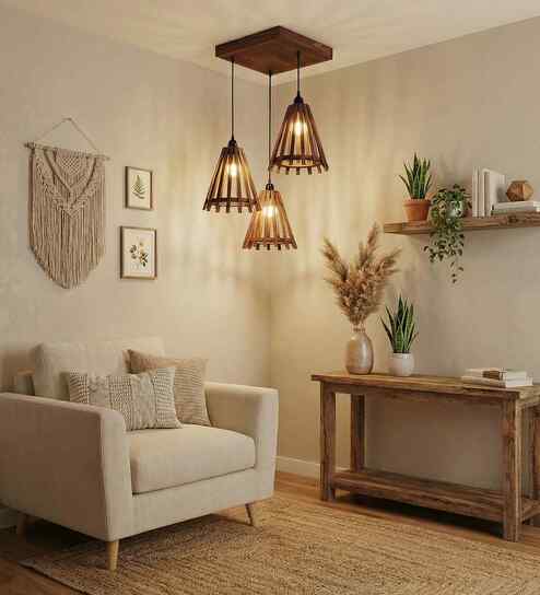 Funnel Brown Wooden Cluster Hanging Lamp